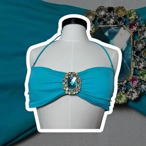 Y2K Victoria's Secret Turquoise Bikini Top Embellished Gem Rhinestone Halter‎ M